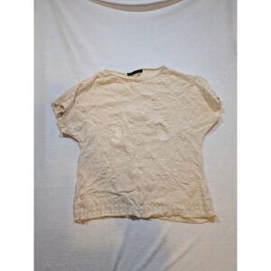 ZARA BASIC Sheer Embroidered Bird Floral Top Cream Short Sleeve Women's Medium